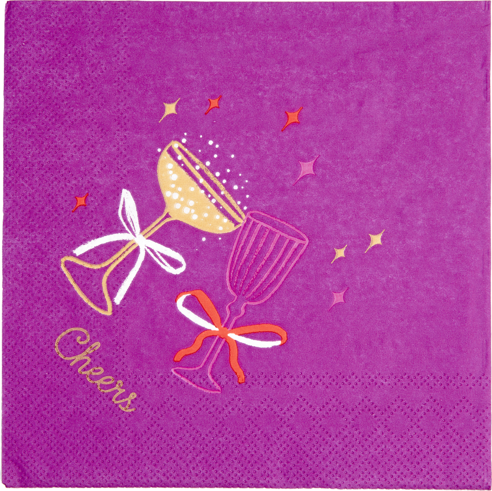 Lila Serviette mit zwei Sektgläsern, weißen Schleifen, gelben Sternen und dem Schriftzug „Cheers“.