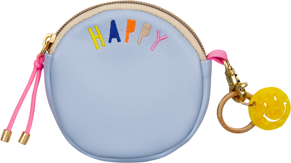 Rundes, hellblaues Münz- und Schlüsseletui mit HAPPY-Stickerei und einem angebundenen Smiley-Anhänger.