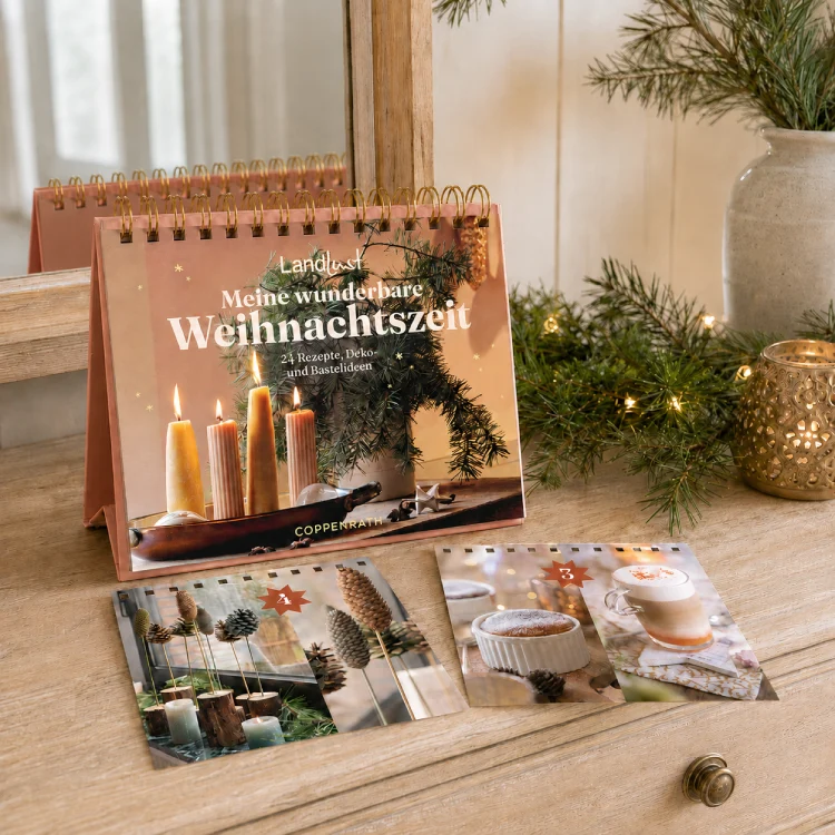 Weihnachtlicher Aufstellkalender auf einer Kommode mit Zweigen.