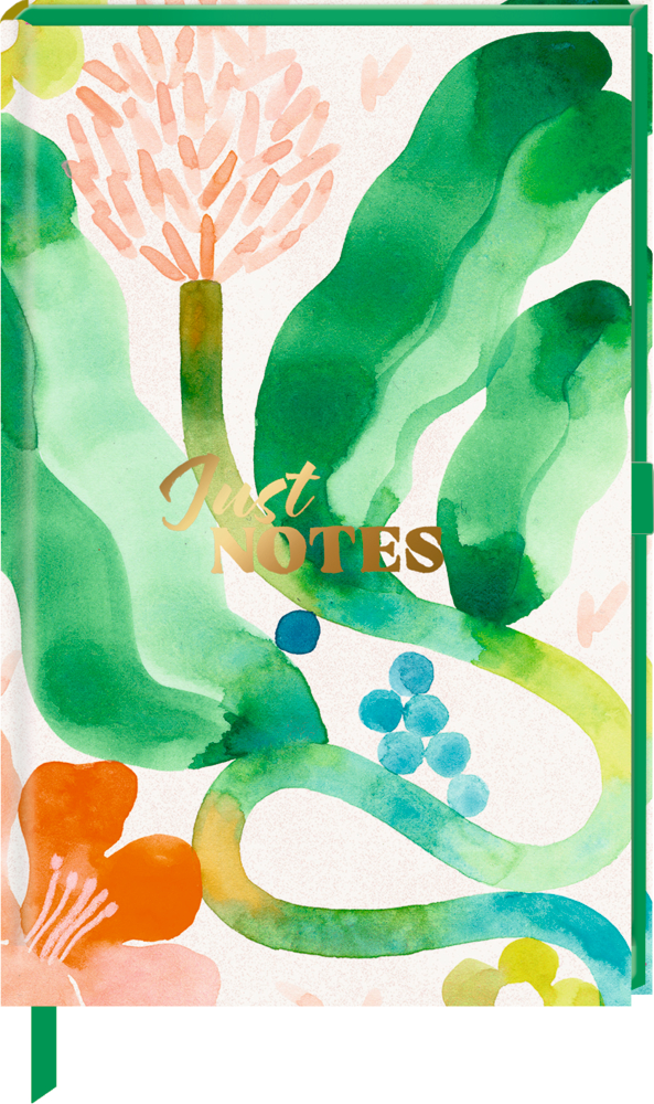 Aquarell Blumenmuster mit grünen Blättern, orangen, blauen und rosa Akzenten. Text: Just NOTES.