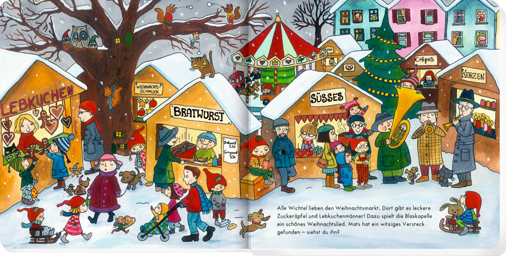 Belebter Weihnachtsmarkt mit Menschen, Essensständen und festlicher Dekoration in verschneiter Dorfszenerie.