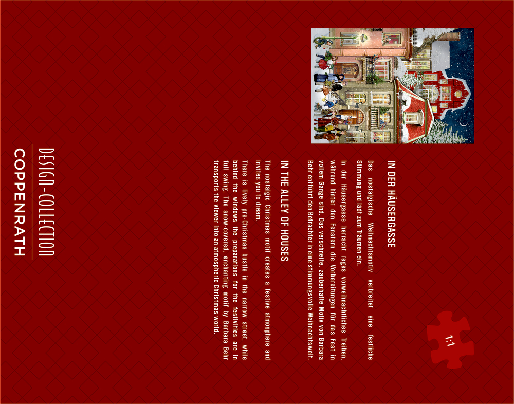 Rückseite der Umverpackung mit Text und kleinem Bild eines weihnachtlich geschmückten Hauses mit Menschen vor dem Eingang im Schnee.