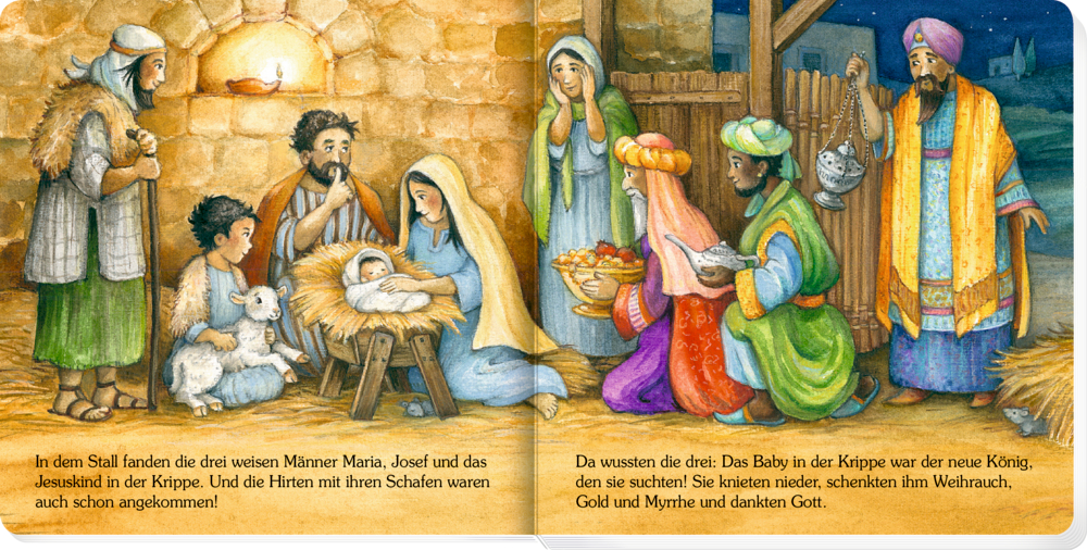 Weihnachtskrippe: Maria, Josef, das Jesuskind in der Krippe, umgeben von Hirten und den Heiligen Drei Königen.