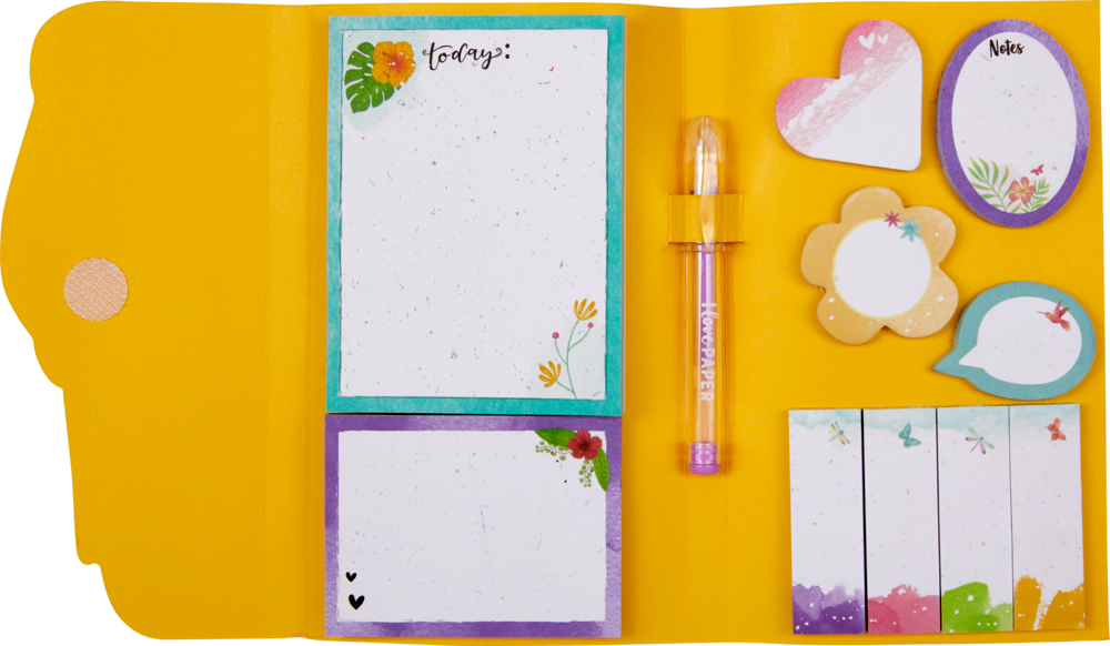 Gelber Ordner mit bunten Notizblöcken, Haftnotizen, einem Stift und dekorativen Designs.