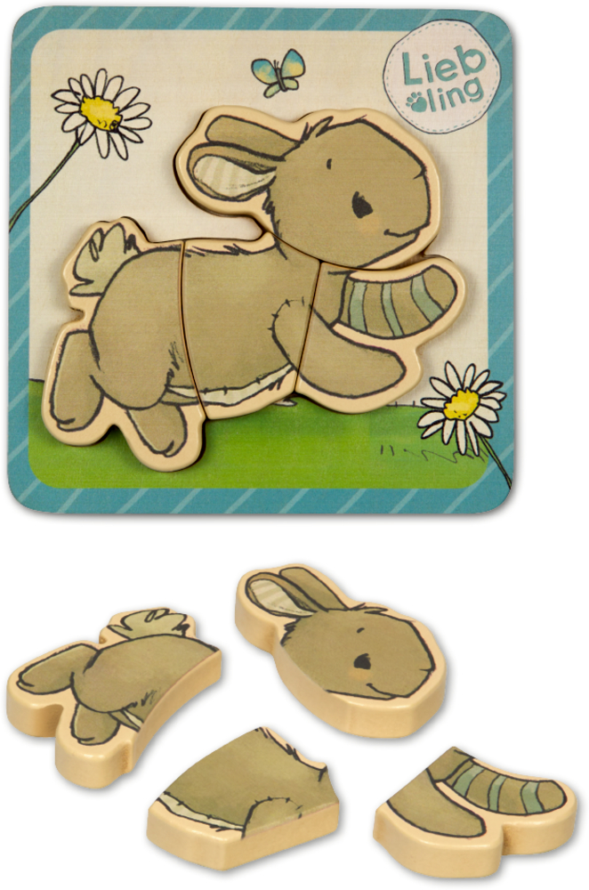 Hase aus Holz in vier Teilen.