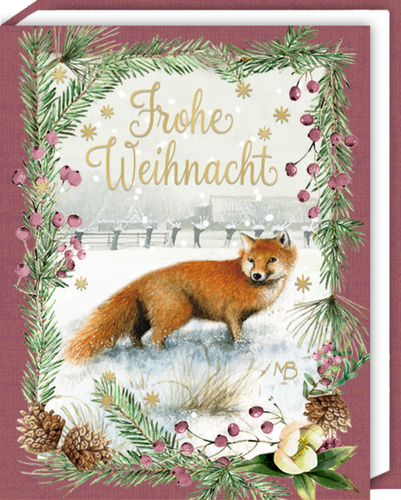 Weihnachtsbüchlein mit Fuchs im Schnee, umrahmt von Tannenzweigen, Zapfen und Beeren, Text „Frohe Weihnacht“.