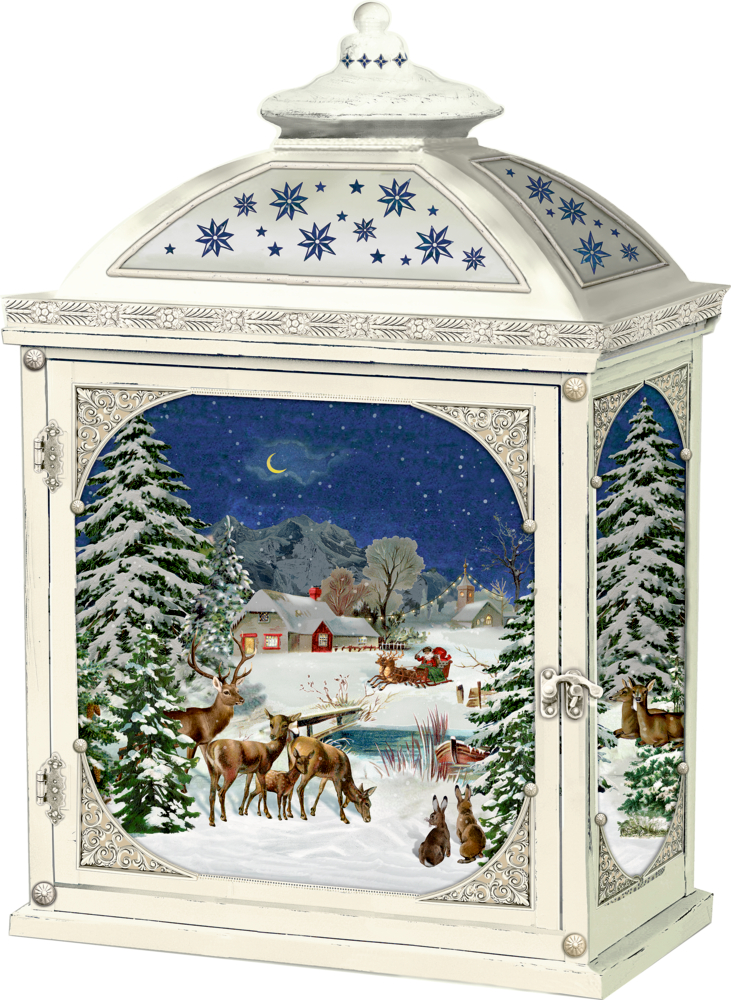 Weiße Laterne mit Hirschen, verschneitem Dorf und sternenklarer Nacht in einer Winterlandschaft.