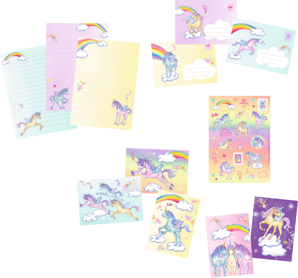 Liniertes, mit Einhörnern illustriertes Papier, Umschläge, Postkarten und Regenbogenaufkleber.
