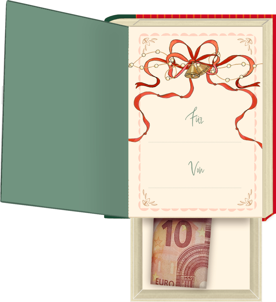 Geöffneter Wunscherfüller in Buchform mit grünem Einband, innen rote Schleife und Felder „Für“ und „Von“ zum Ausfüllen, darunter Fach mit zehn Euro Schein.