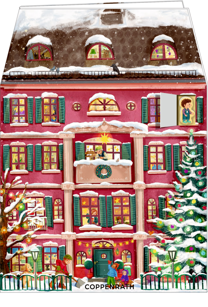 Illustrierter Adventskalender in Form eines roten Hauses mit Schnee, geschmücktem Tannenbaum und spielenden Kindern davor.