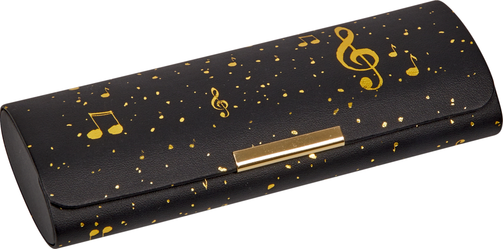 "Schwarzes Brillenetui mit goldenen Musiknoten, Sprenkeln und einem goldenen Verschluss."