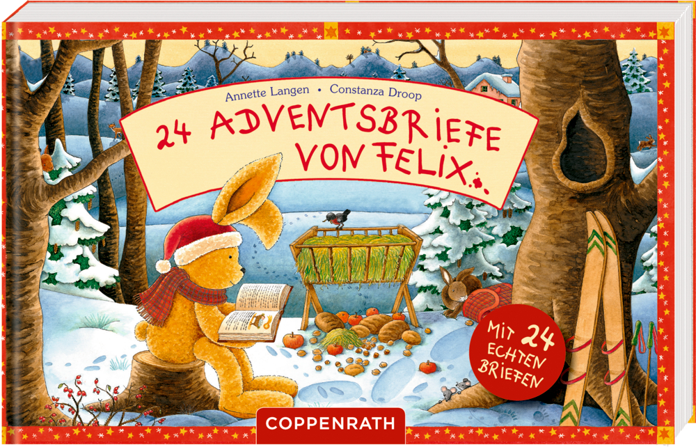 Stoffhase liest an einer Krippe im verschneiten Wald, mit dem Titel: 24 Adventsbriefe von Felix.