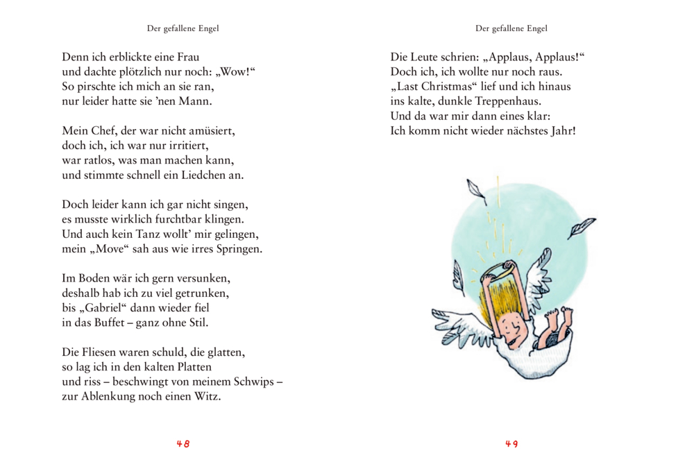 Ein illustrierter Engel fällt damit, während er über den Text eines Buches fliegt.