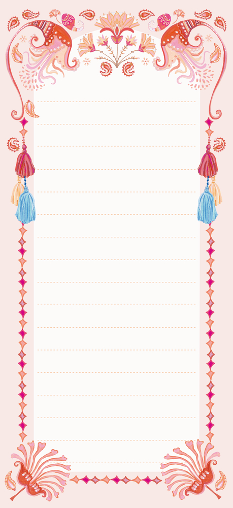 Notizblatt mit floraler rosa und orangefarbener Umrandung, Quasten an den Seiten und Linien für handschriftliche Einträge.