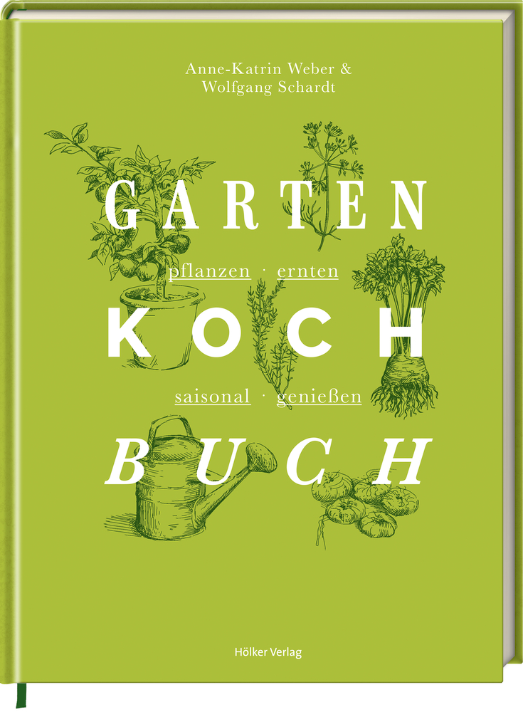 Grüner Einband mit Kräuterabbildungen und dem Titel „Garten Koch Buch“ in großen weißen Buchstaben.