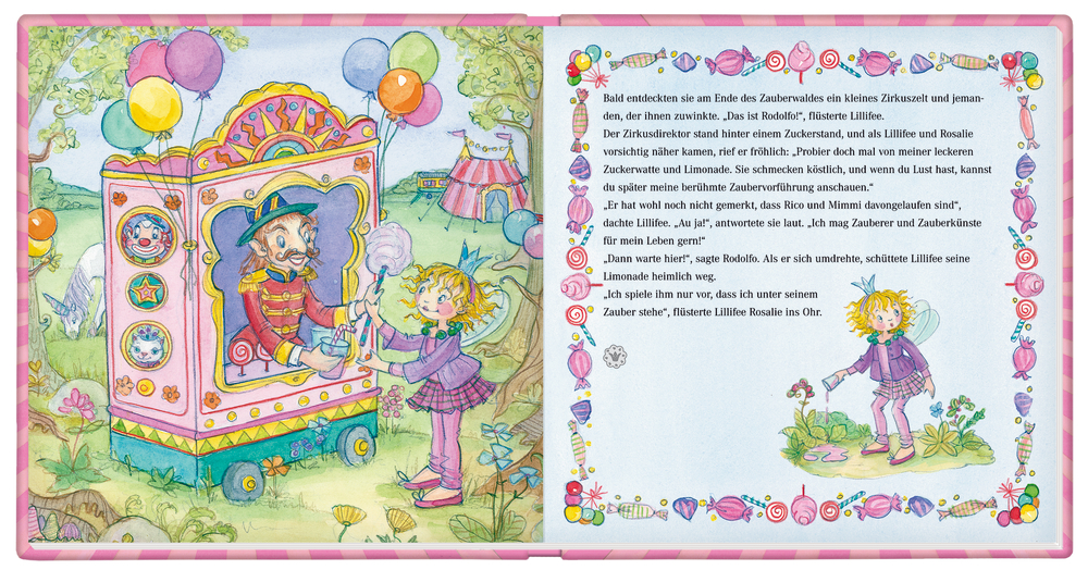 Lillifee bekommt an einer fröhlich-bunten Bude Zuckerwatte und ein rosafarbenes Getränk.