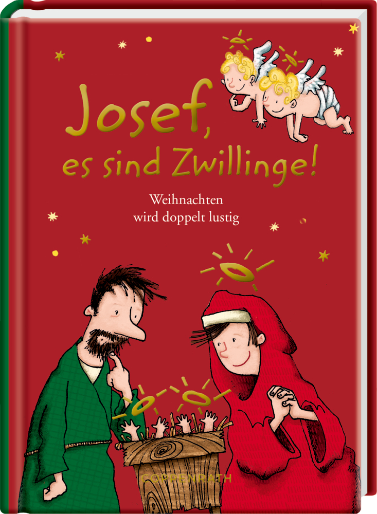 Illustrierter Einband: Josef, Maria, zwei Babys in einer Krippe, zwei Engel auf rotem Hintergrund.