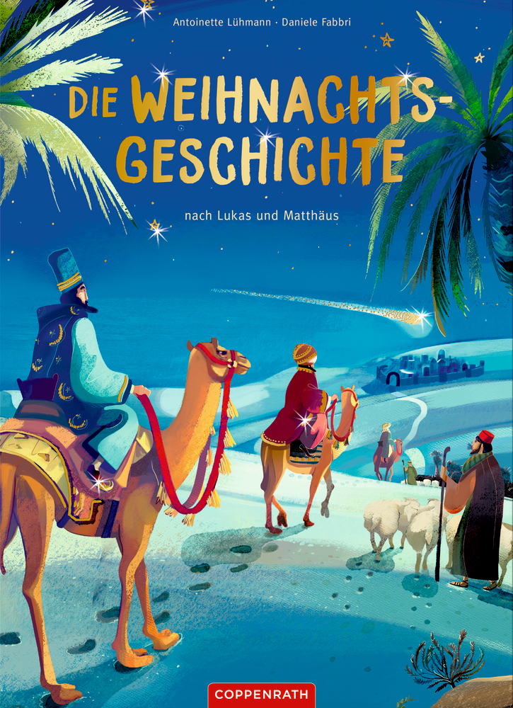 Drei weise Männer auf Kamelen folgen nachts einem Stern in Richtung eines Dorfes; in der Nähe wachen Hirten über ihre Schafe.