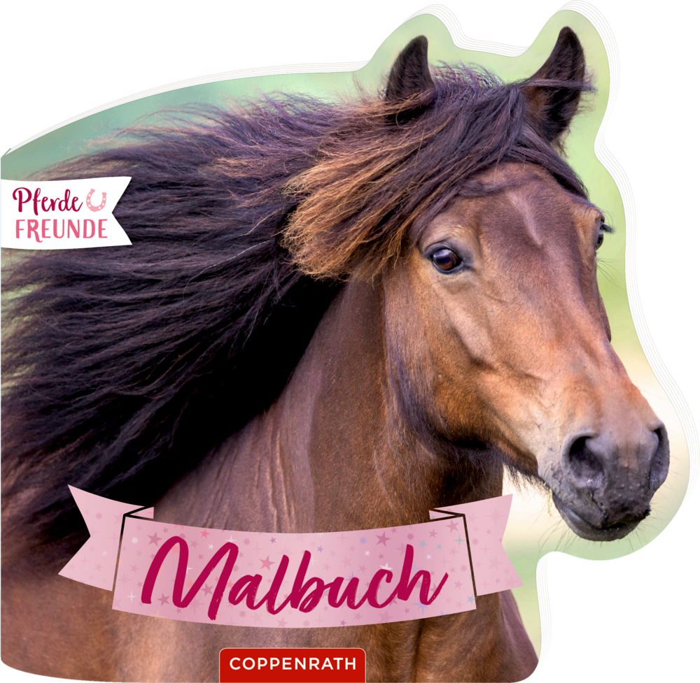 Nahaufnahme eines braunen Pferdes mit langer Mähne, darüber Textbanner mit Malbuch und PferdeFreunde.