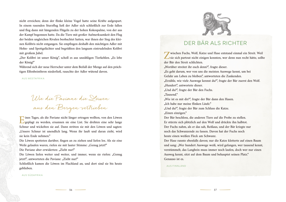 Geöffnete Buchseiten mit zwei Fabeln, Text in Schwarz und Gold, kleine Illustration eines Löwen und grüne Überschrift „Der Bär als Richter“.