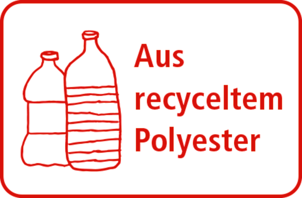 Zwei Plastikflaschen mit rot umrandetem deutschen Text „Aus recyceltem Polyester“.