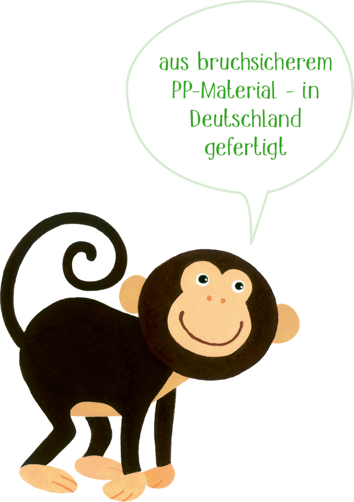 Cartoon-Affe mit Sprechblase: Aus bruchsicherem PP-Material, in Deutschland hergestellt.