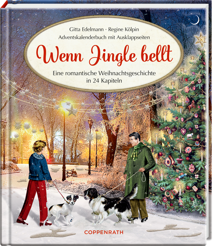 Zwei Frauen und zwei Hunde stehen an einem festlich beleuchteten Weihnachtsbaum im verschneiten Park, auf dem Cover von "Wenn Jingle bellt".
