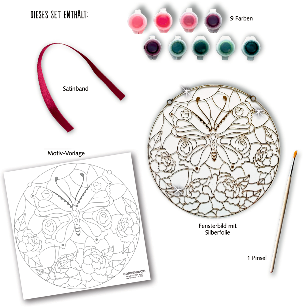 Set mit rundem Schmetterlings-Fensterbild aus Silberfolie, Pinsel, neun Farben, berryfarbenem Satinband und Motivvorlage.