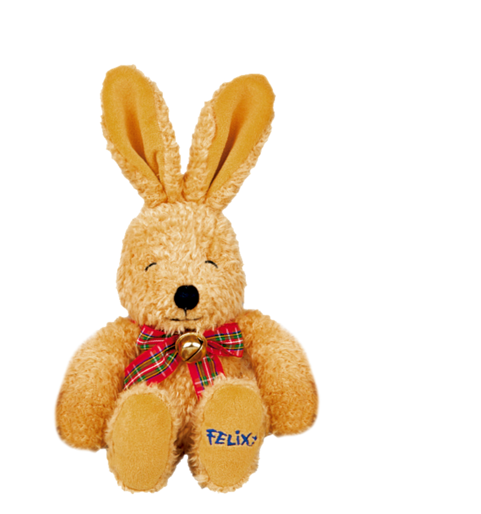 Brauner Plüschhase mit karierter Schleife und Glöckchen, aufrecht sitzend. Auf der Pfote ist "Felix" gestickt.