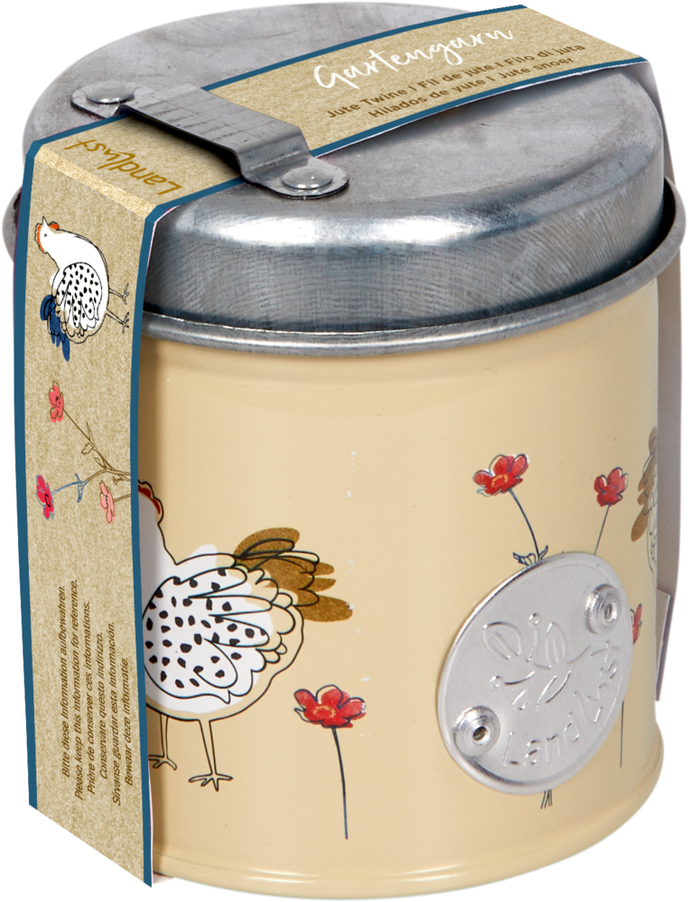Beige Metalldose mit silbernem Deckel, dekoriert mit Hühnern und Blumen, umwickelt mit einem Papieretikett.
