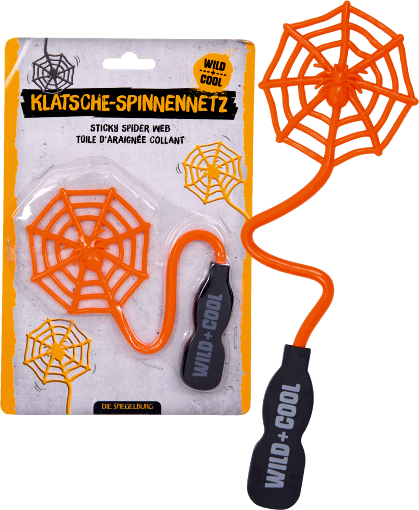 Orange Gummi-Klatsche in Spinnennetzform mit schwarzem Griff und Verpackung mit Produktaufschrift.