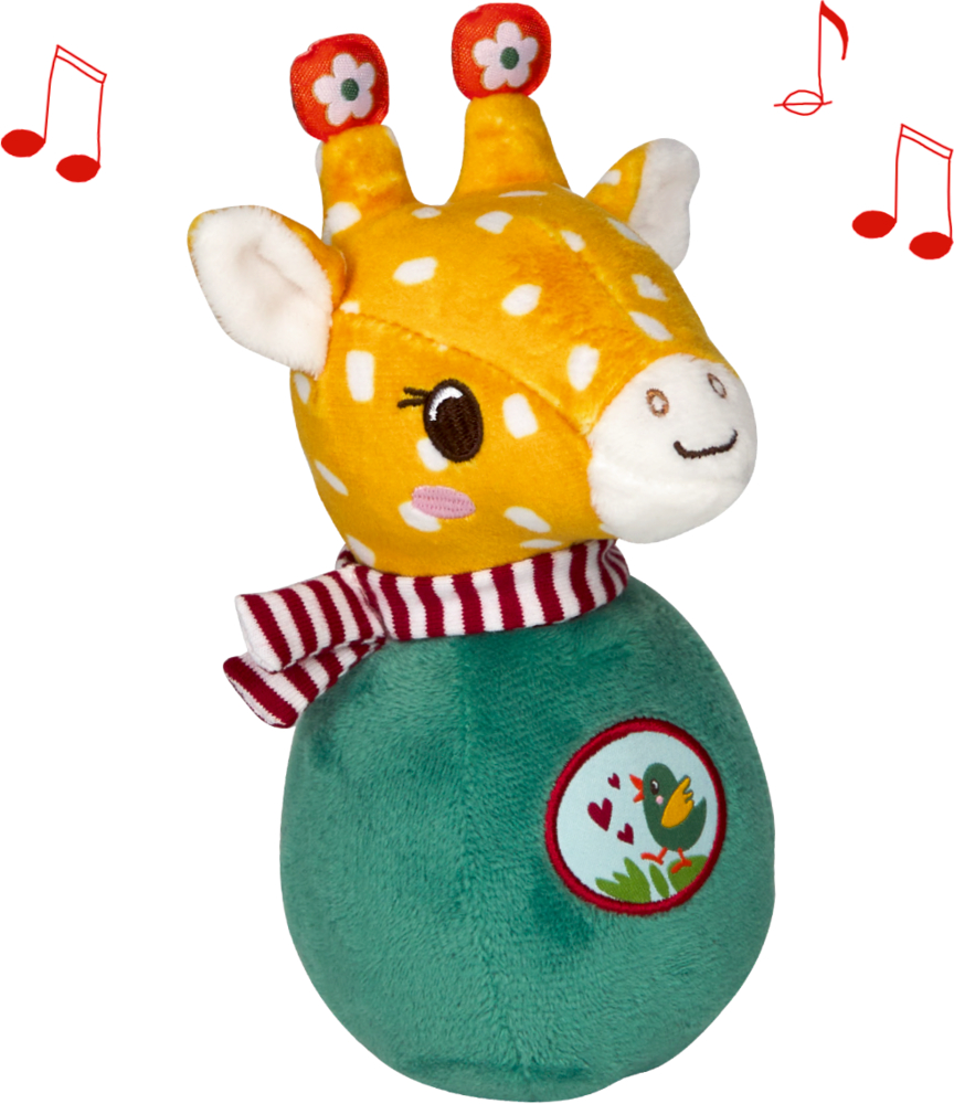 Plüsch Giraffe mit grünem Sockel, rotem Schal und Noten darum.