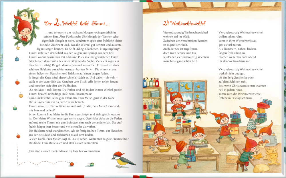 Illustrierte Kinderbuchseite zeigt festliche Wichtel, die zusammen in einer Küche backen.