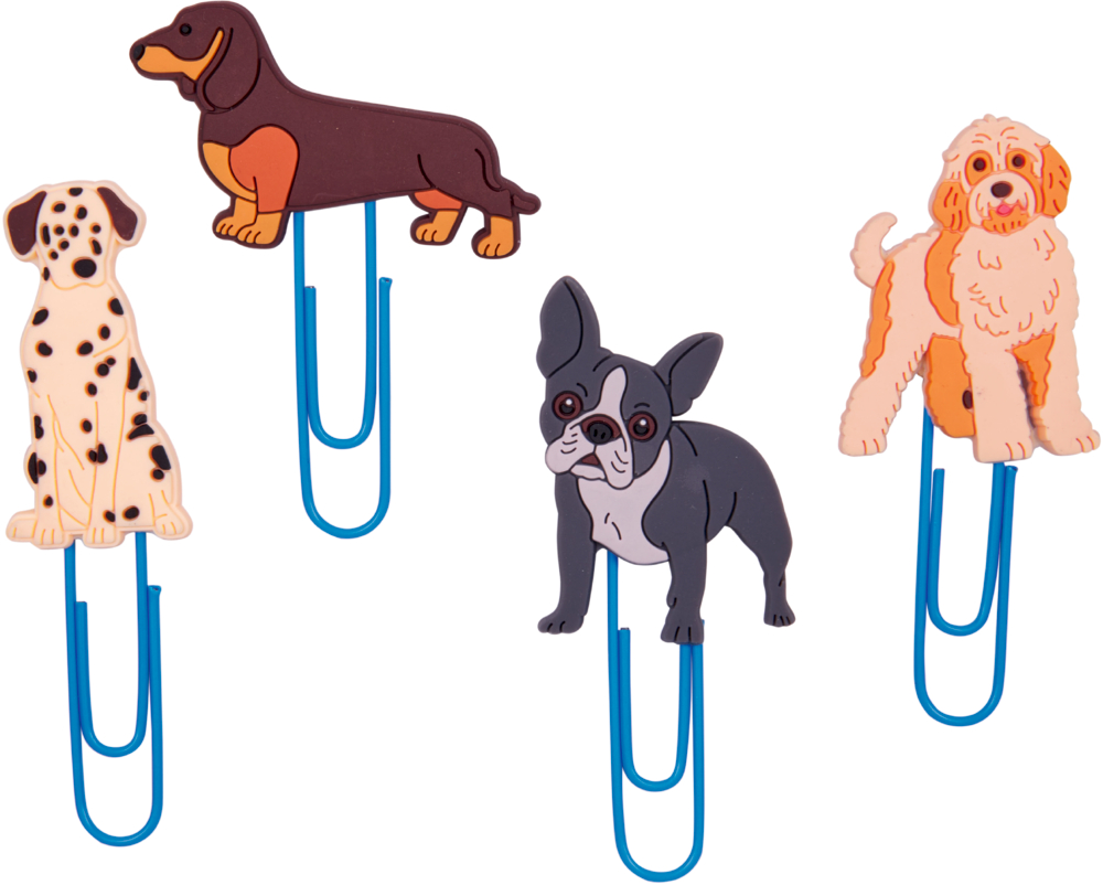 Vier blaue Büroklammern mit Hundefiguren aus Gummi in verschiedenen Farben und Rassen.