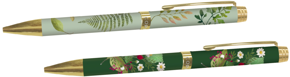 Zwei Kugelschreiber mit goldenen Akzenten, einer hellgrün mit Farn- und Blättermuster, einer dunkelgrün mit Blumen- und Beerenmotiv.
