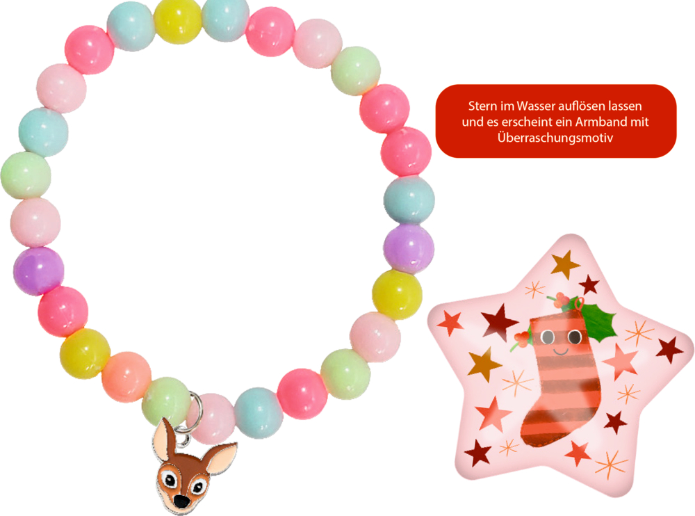 Armband aus bunten Perlen mit Anhänger in Rehform, daneben rosa Stern mit weihnachtlicher Strumpfabbildung. Rotes Textfeld "Stern im Wasser auflösen lassen und es erscheint ein Armband".