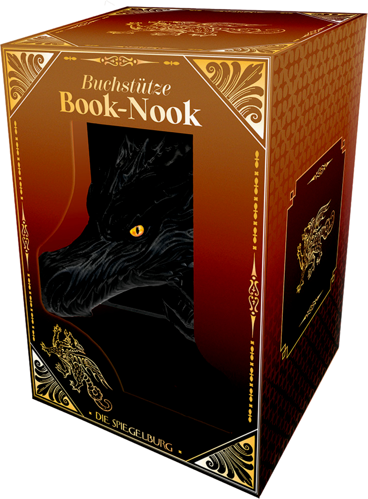Braune Verpackung mit goldenen Verzierungen und Abbildung eines schwarzen Drachenkopfs, Aufschrift „Buchstütze Book-Nook“.