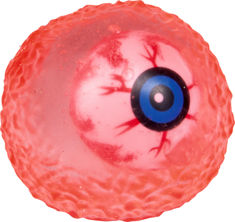 Runde, rote Kugel mit Struktur, darin ein Augapfel mit blauer Iris und roten Adern.