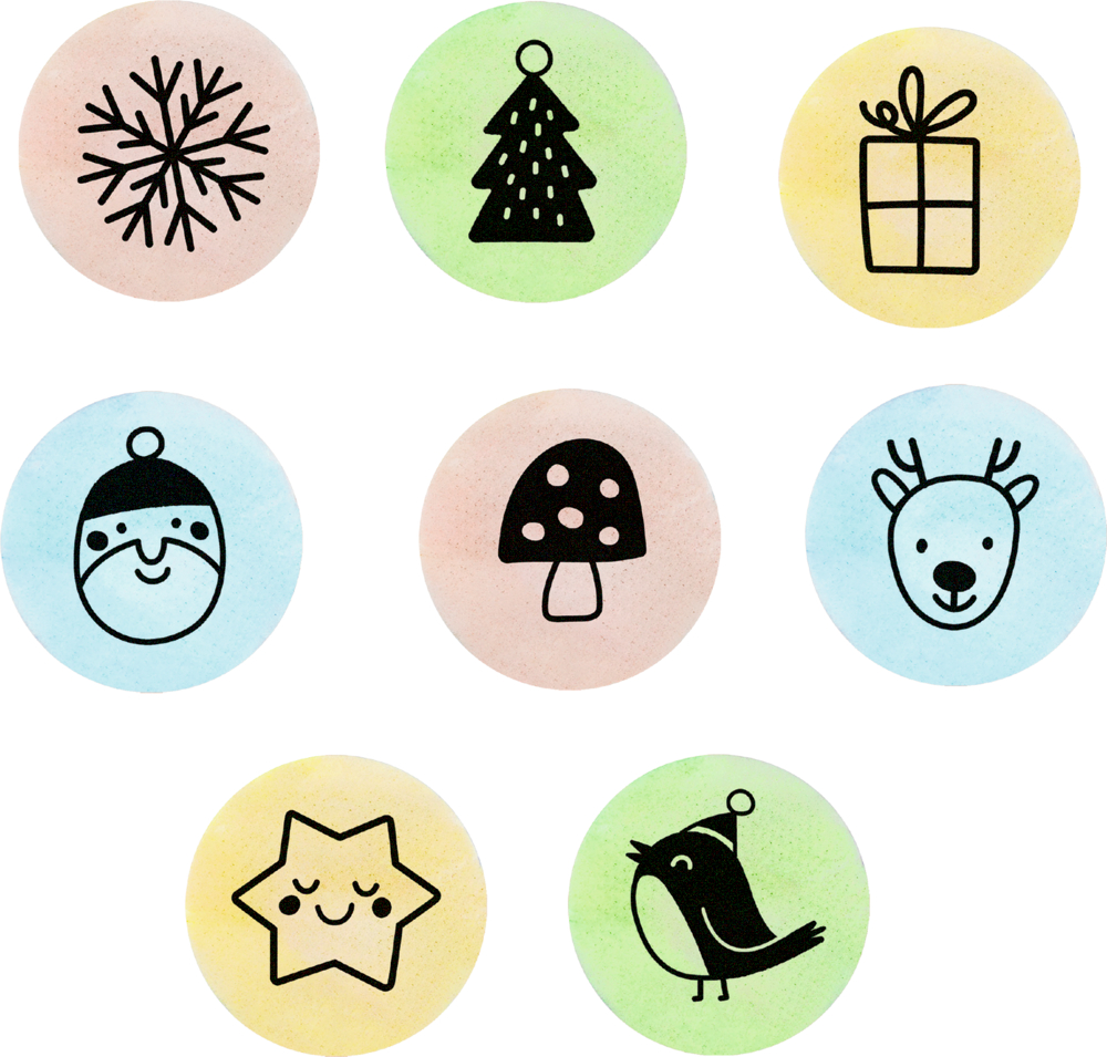 Acht runde Zungentattoos mit Symbolen: Schneeflocke, Tanne, Geschenk, Weihnachtsmann, Pilz, Rentier, Stern und Vogel.