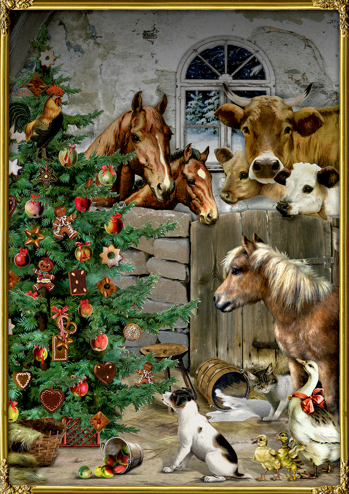 Weihnachtsbaum in einer Scheune mit Pferden, Kühen, einem Pony, einem Hund, Entenküken und festlicher Weihnachtsdekoration.