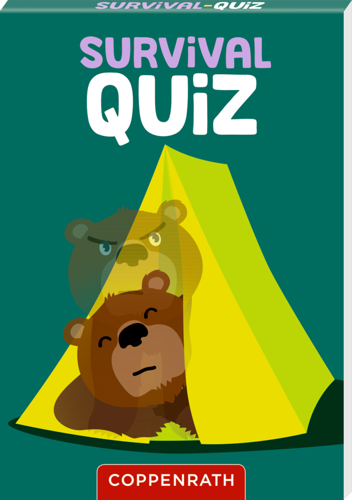 Grünes Quizbüchlein mit der Aufschrift „Survival Quiz“ und Illustration eines Bären, der in einem gelben Zelt liegt.
