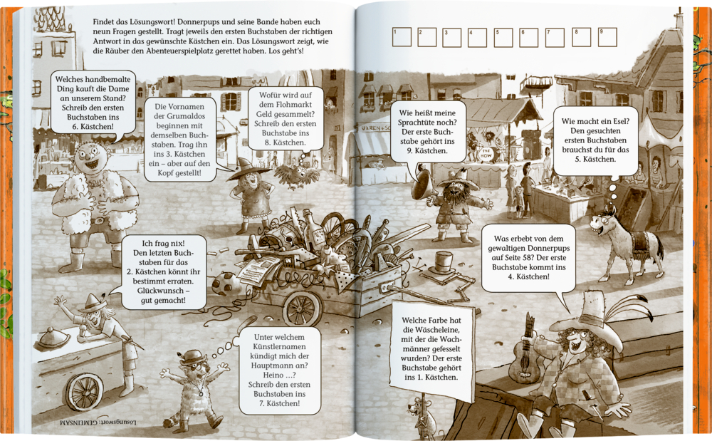 Illustration eines belebten Flohmarkts mit mehreren verkleideten Figuren, einem Esel und einem Karren voller Gegenstände.