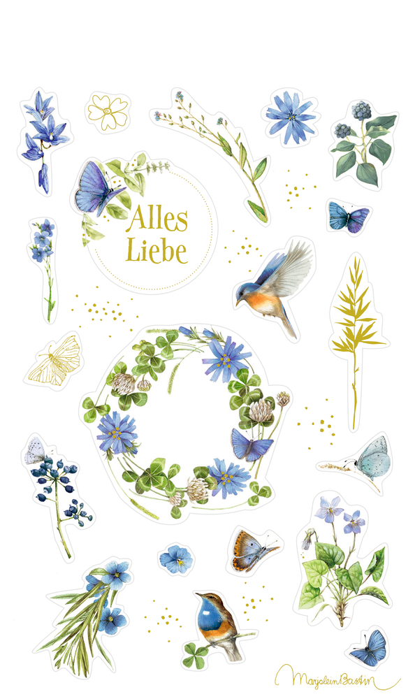 Blumen- und Naturaufkleber mit den Sprüchen „Mit Liebe“ und „von Herzen“ in grünen Kränzen.