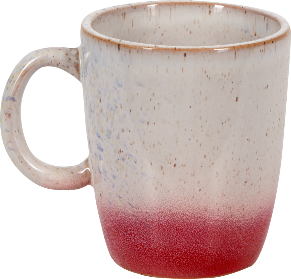 Rückseite einer creme-weißen Keramiktasse mit rotem Farbverlauf am Boden.
