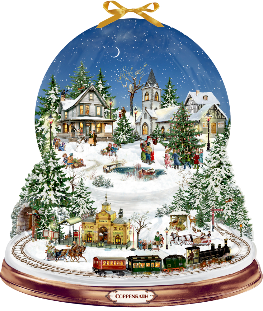 Adventskalender in Schneekugelform mit winterlichem Dorf mit Häusern, Kirche, Weihnachtsbaum, Menschen im Schnee und Eisenbahn.