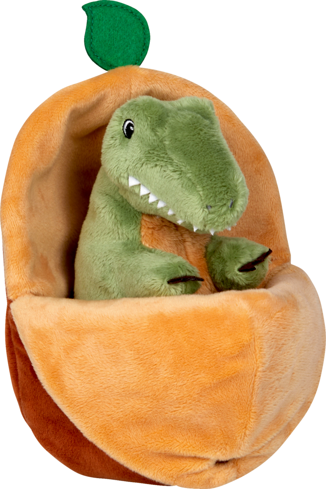 Grüner Plüsch-Dinosaurier in orangefarbenem Plüschgehäuse mit grünem Blatt oben.