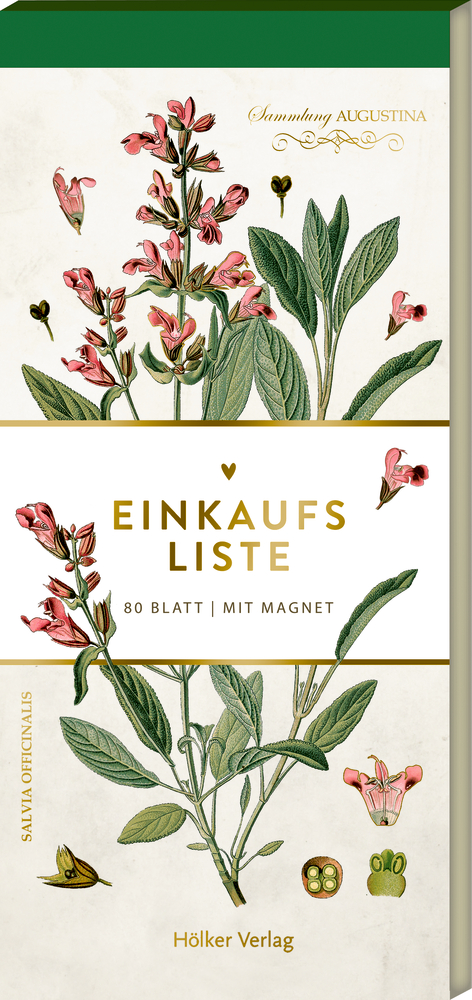 Einkaufsliste-Notizblock mit botanischen Illustrationen von rosa Blumen und grünen Blättern, auf Deutsch beschriftet.