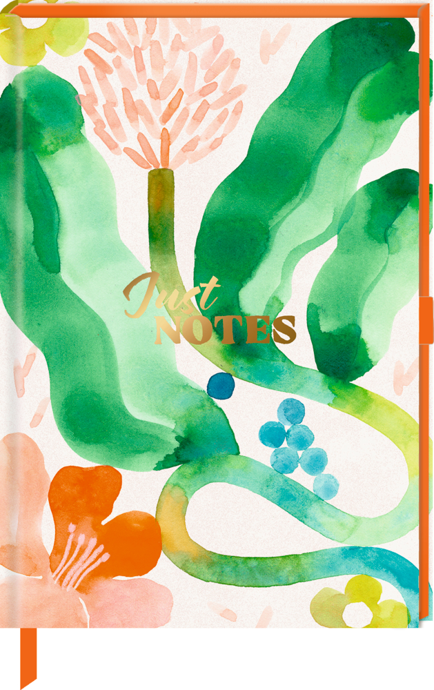 Ein Notizbuch mit einer Aquarellmalerei von Blumen und Blättern auf dem Umschlag.