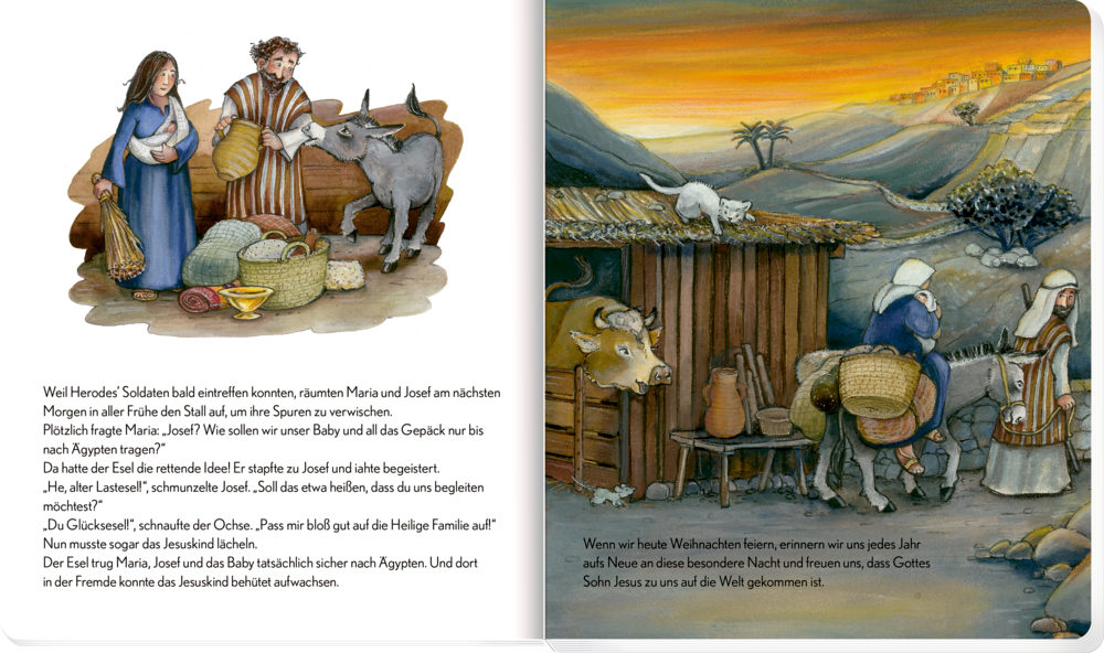Buchinnenabbildung mit Illustration eines Mannes und einer Frau mit Baby, die mit Esel und gepackten Körben bei Sonnenaufgang in eine bergige Landschaft aufbrechen.