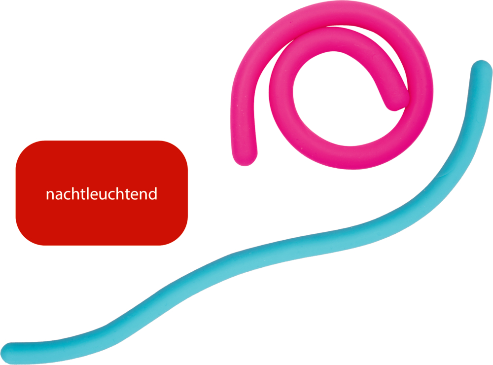 Zwei flexible Schnüre in Pink und Blau, eine spiralig gerollt, daneben Text „nachtleuchtend“.
